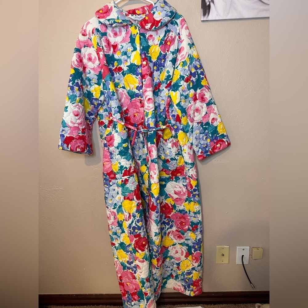 Vintage Floral Quilted Long Coat in Pink, Yellow, Blue, Green